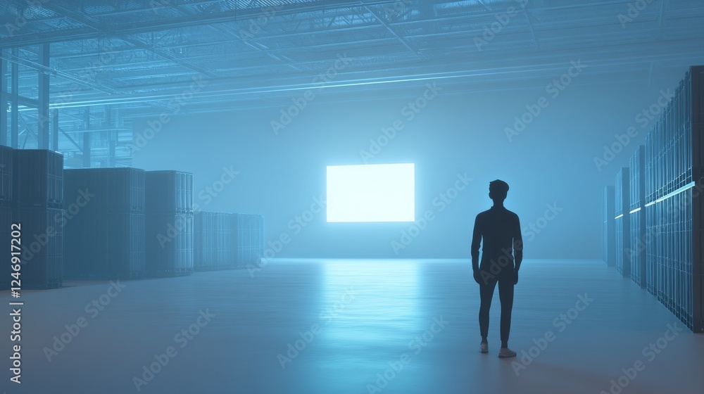 Person standing in a futuristic warehouse space. Person standing in a futuristic warehouse space.