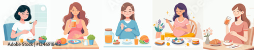 pregnant woman vector set having breakfast