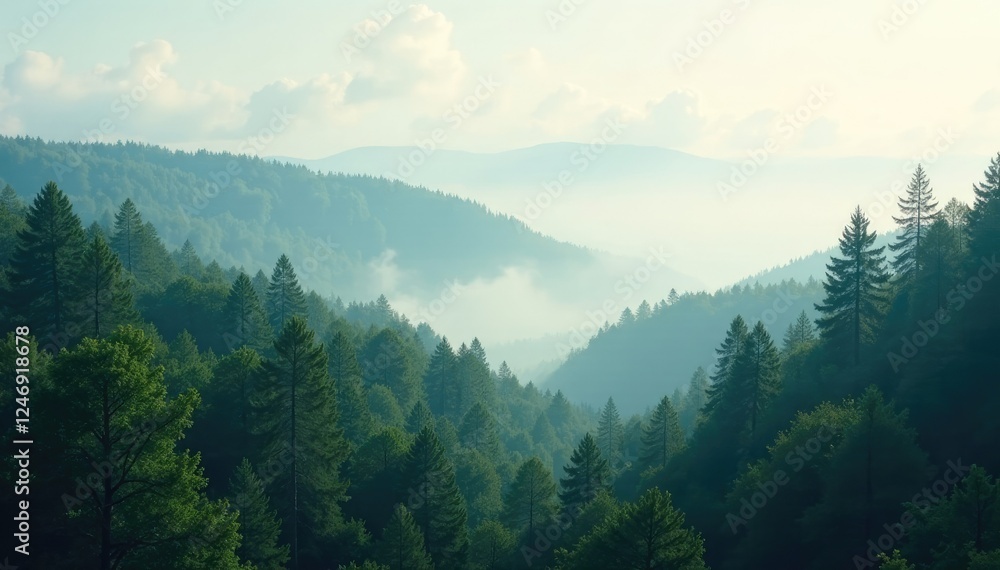 Fototapeta premium Misty forest with soft white clouds gently drifting above the treetops, peaceful, soft focus