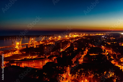 Aerial view of illuminated cityscape and port, Klaipeda, Lithuania