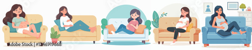 set vector pregnant woman relaxing on the sofa