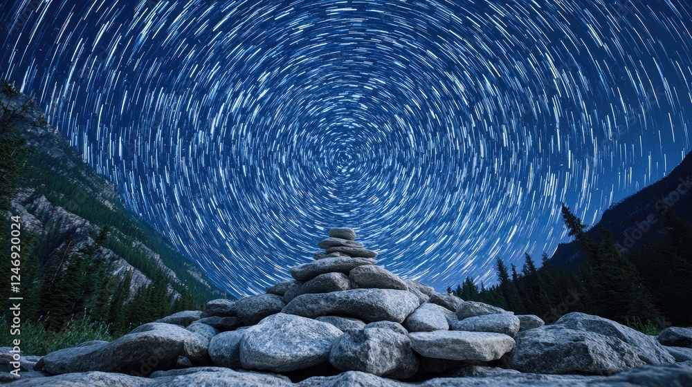 Fototapeta premium Star trails over mountain cairn; night landscape