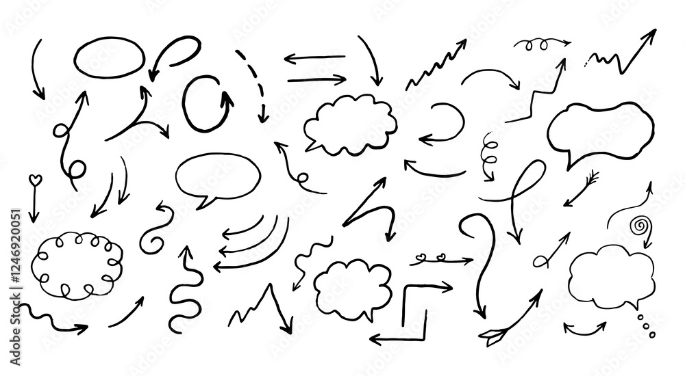 Arrow Crayon scribble set. Sketch line crayon texture. Arrow chalk element line highlight. Vector illustration Arrow Crayon scribble set. Sketch line crayon texture. Arrow chalk element line highlight. Vector illustration