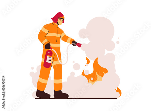 Illustration of an Fireman Firefighter putting out the fire with an extinguisher