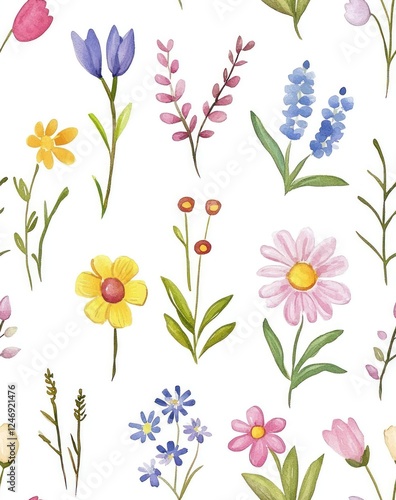 Wallpaper Mural Colorful Floral Pattern with Various Wildflowers on White Background Torontodigital.ca