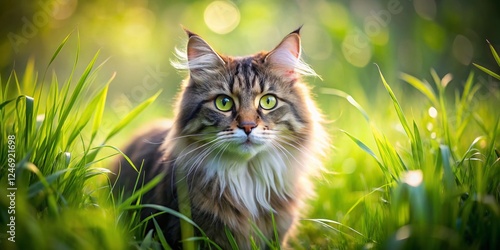 Norwegian Forest Cat Double Exposure: Serene Walk in Lush Grass