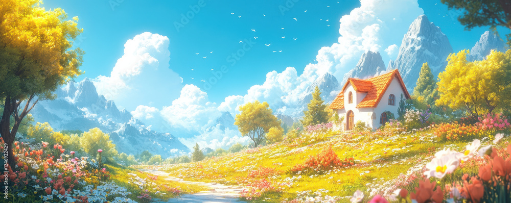 Fototapeta premium Serene landscape featuring charming house surrounded by vibrant flowers and mountains bright sky