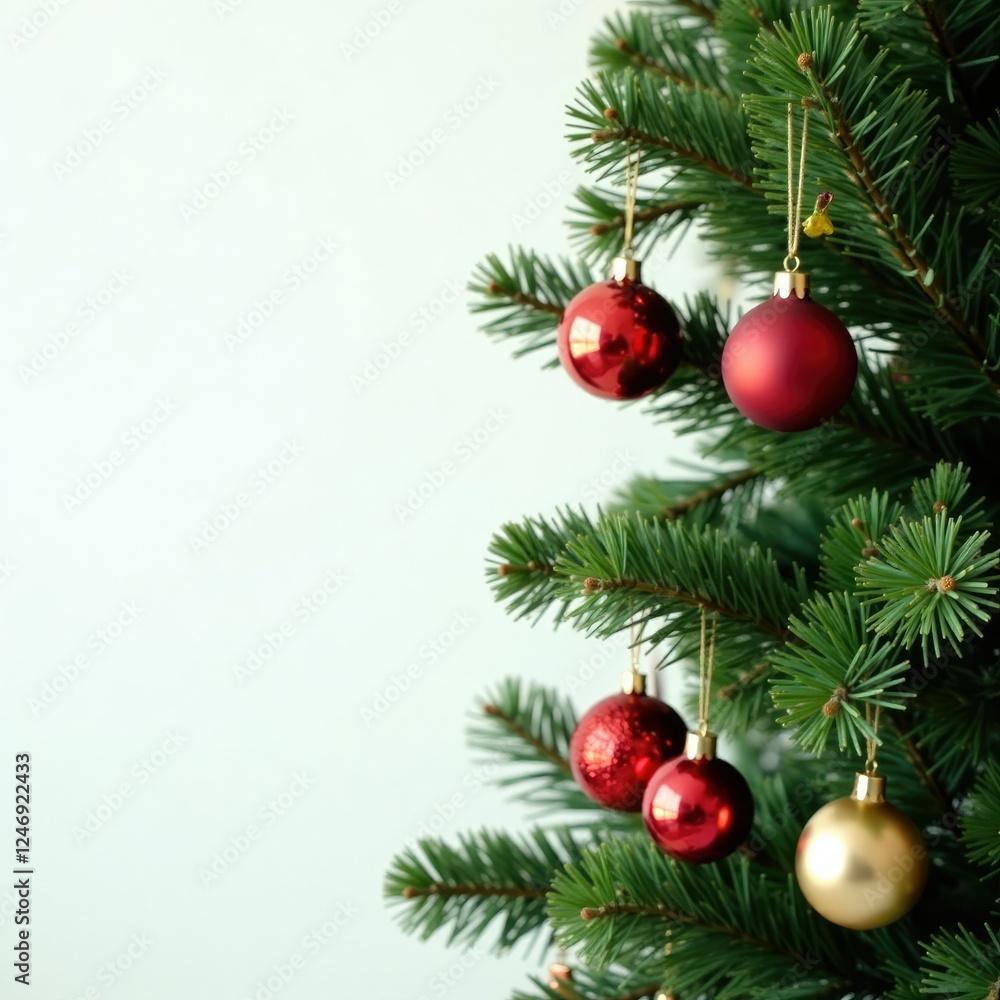 Decorated evergreen branch with hanging baubles, holiday, branches Decorated evergreen branch with hanging baubles, holiday, branches