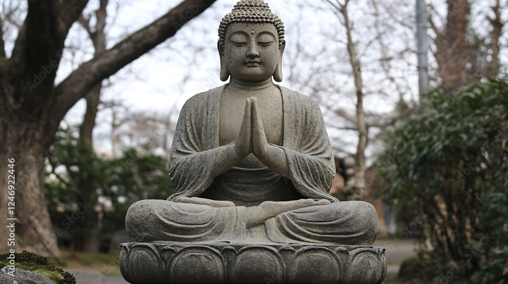 Stone Buddha Meditating in Tranquil Japanese Garden Surrounded by Winter Scenery : Generative AI Stone Buddha Meditating in Tranquil Japanese Garden Surrounded by Winter Scenery : Generative AI