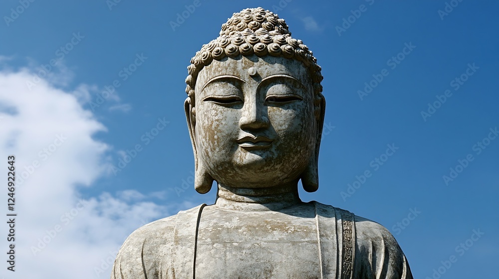 Serene Stone Buddha Statue Against a Clear Blue Sky Reflecting Spirituality and Peacefulness : Generative AI Serene Stone Buddha Statue Against a Clear Blue Sky Reflecting Spirituality and Peacefulness : Generative AI