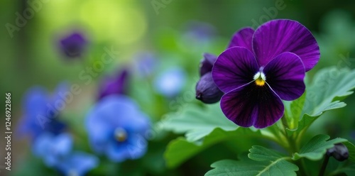 Dark purple pansies bloom amidst blue nemophora ferns, garden, greenery, botany photo