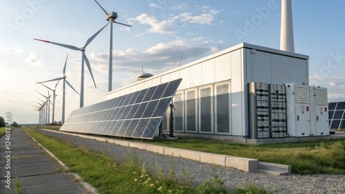 Wallpaper Mural A futuristic data center powered by 100% renewable energy, featuring solar panels, wind turbines, and liquid cooling systems for energy-efficient cloud computing Torontodigital.ca