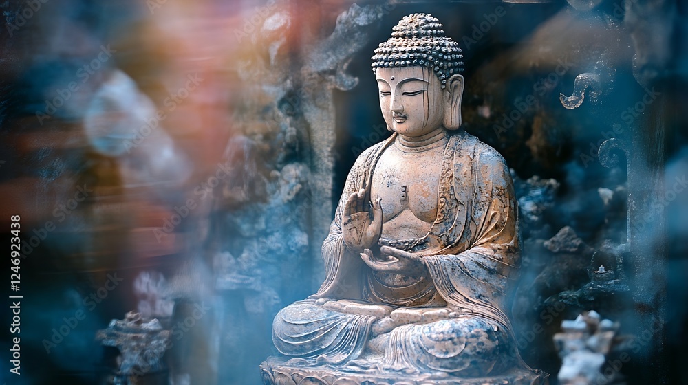 Fototapeta premium Serene and Mystical Stone Buddha Statue Surrounded by Ethereal Mist : Generative AI