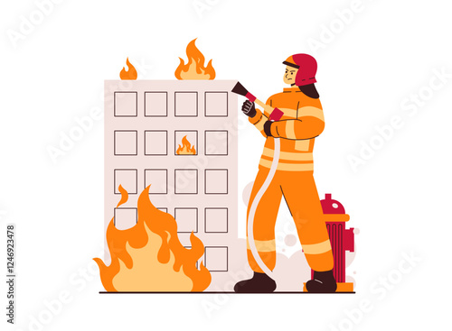 Illustration of an Fireman Firefighter putting out a building fire