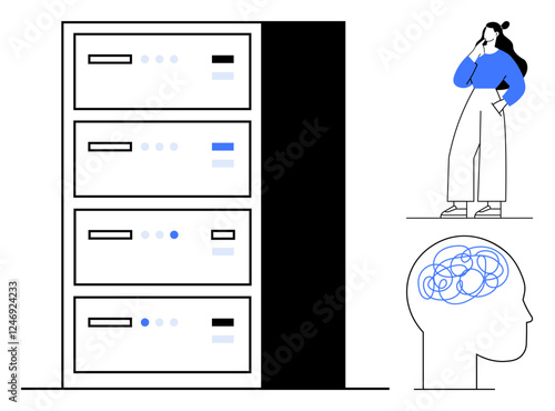 Woman stands thoughtfully beside horizontal file cabinets and abstract tangled brain. Ideal for organization, information management, mental clarity, decision-making, contemplation, problem-solving