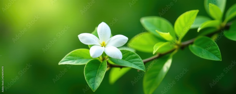 Obraz premium A white jasmine bloom on a lush green branch with delicate leaves, blooming, foliage, white