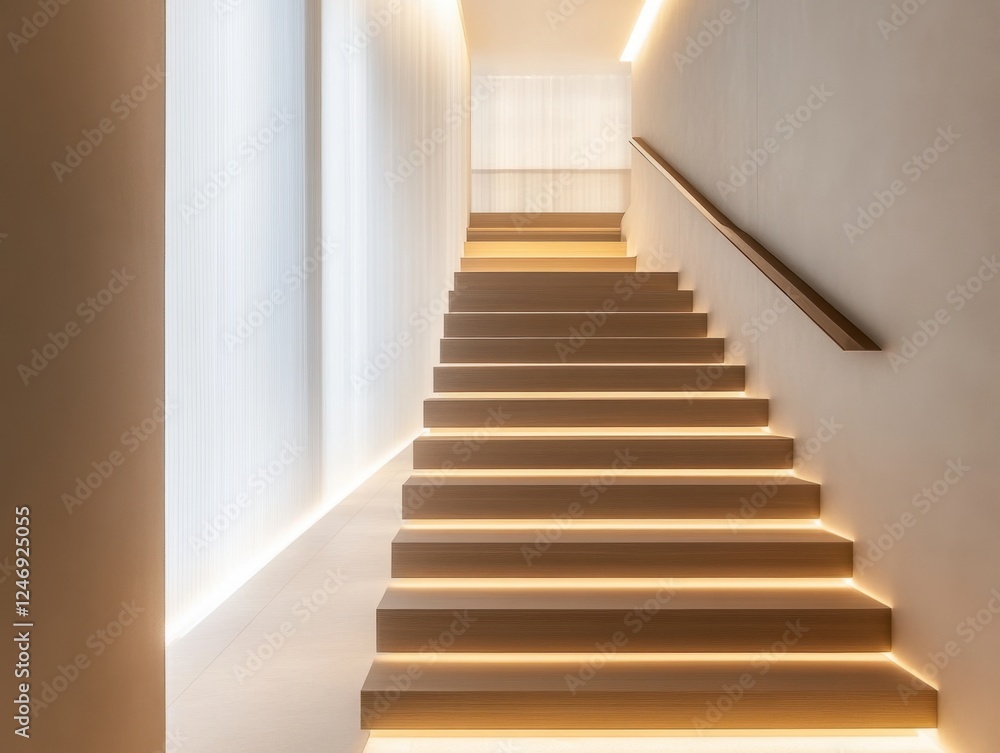 A staircase with a railing and a lighted step A staircase with a railing and a lighted step