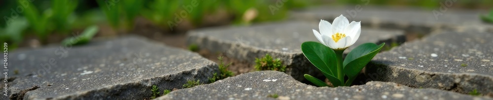 A solitary white flower blooms through a small crack in the stone, Floral, Garden decor A solitary white flower blooms through a small crack in the stone, Floral, Garden decor