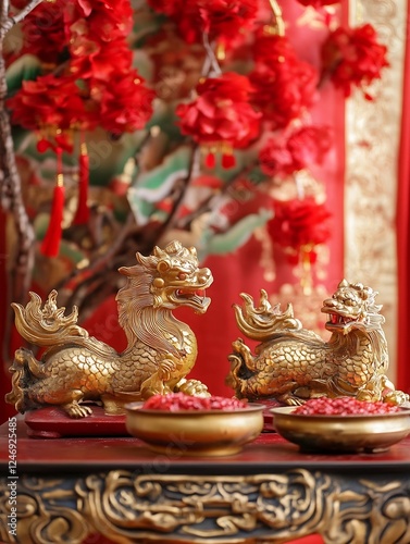 Wallpaper Mural Exquisite Golden Dragon Sculptures with Red Floral Arrangements for Decoration : Generative AI Torontodigital.ca
