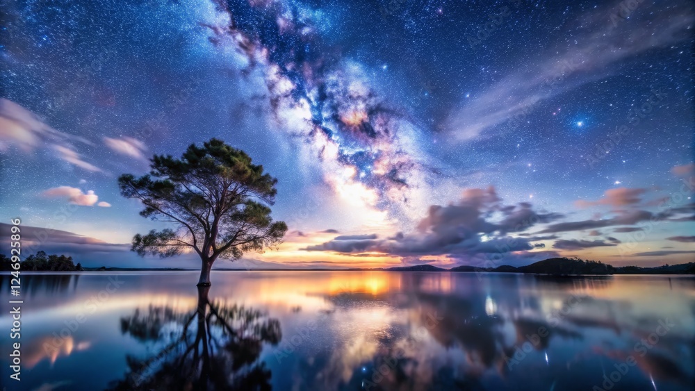 Serene Lake Reflection Under Starry Night Sky with Milky Way Serene Lake Reflection Under Starry Night Sky with Milky Way