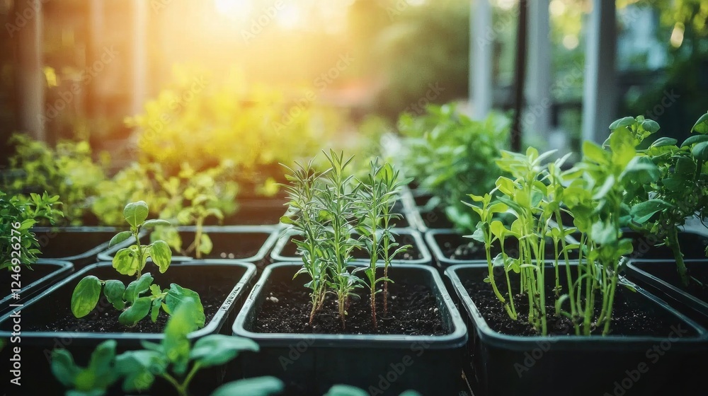 Seedlings in black trays thrive beautifully in a greenhouse nursery, receiving gentle sunlight and optimal care. Nature's fresh green colors promise growth and abundance Seedlings in black trays thrive beautifully in a greenhouse nursery, receiving gentle sunlight and optimal care. Nature's fresh green colors promise growth and abundance