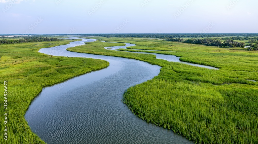 Lush green wetlands with a winding river, showcasing serene natural beauty and vibrant ecosystems under a clear sky. Lush green wetlands with a winding river, showcasing serene natural beauty and vibrant ecosystems under a clear sky.