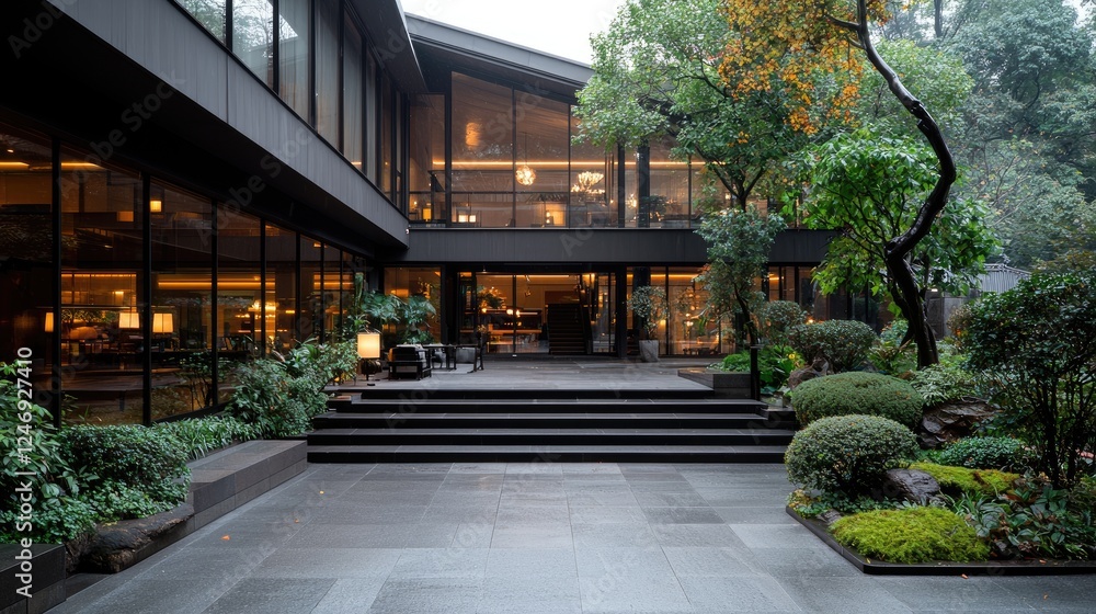 Obraz premium Modern house, garden, city view, evening. Architecture, design, luxury real estate