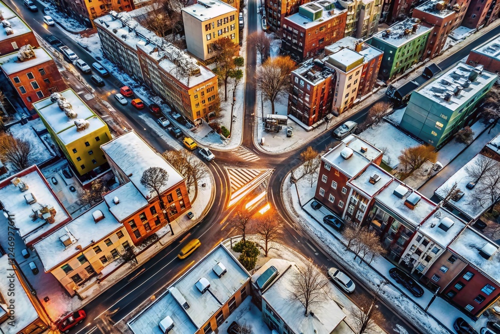Naklejka premium Panoramic Aerial: Spinning Snowy Brooklyn Intersection Descent