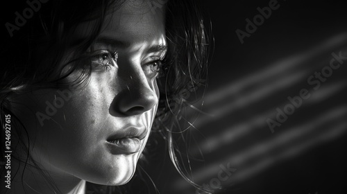 Black and white portrait of a contemplative young woman with dramatic lighting casting shadows on her face.