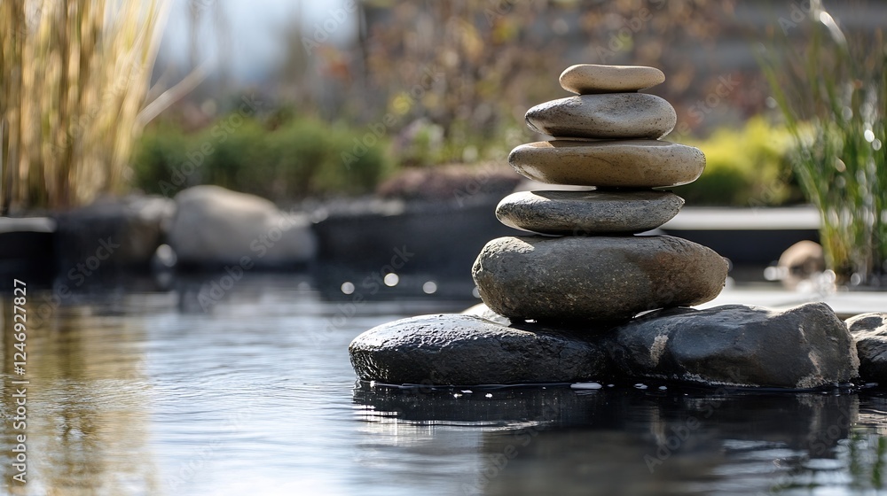 Zen Garden with Stacked Stones by Reflective Waters : Generative AI Zen Garden with Stacked Stones by Reflective Waters : Generative AI