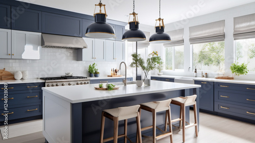A bright coastal-style kitchen with navy blue lower cabinets, white upper cabinets, and white marble 