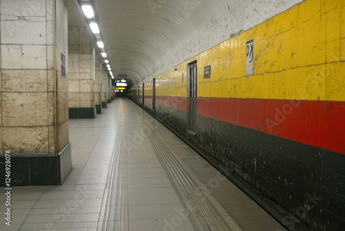 A yellow and black train is in a tunnel