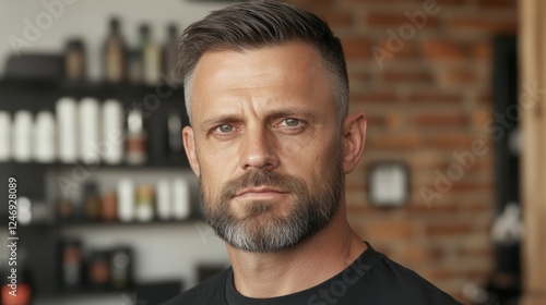 Mature man, serious expression, barbershop background, hair styling