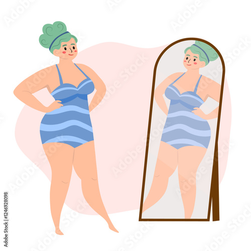 Beautiful woman bikini posing in front of the mirror. Body positive and love your body