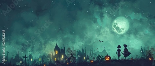 Children walking in a spooky Halloween night scene with a full moon, haunted houses, and pumpkins under an eerie sky.