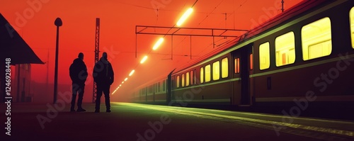 Silhouettes at a foggy train station platform. photo