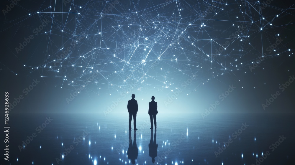 Silhouettes exploring a digital universe space. Silhouettes exploring a digital universe space.