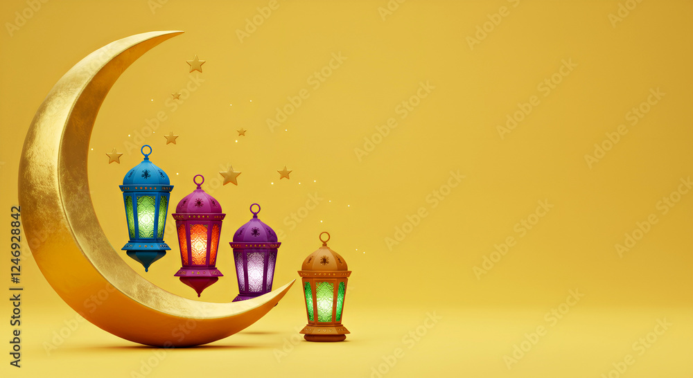 Colorful Lanterns with Crescent Moon and Stars on Yellow Background. Perfect for Ramadan Kareem, Eid Mubarak, Islamic Festivals, Muslim Celebrations, Spiritual Reflections, and Religious Themes. Colorful Lanterns with Crescent Moon and Stars on Yellow Background. Perfect for Ramadan Kareem, Eid Mubarak, Islamic Festivals, Muslim Celebrations, Spiritual Reflections, and Religious Themes.