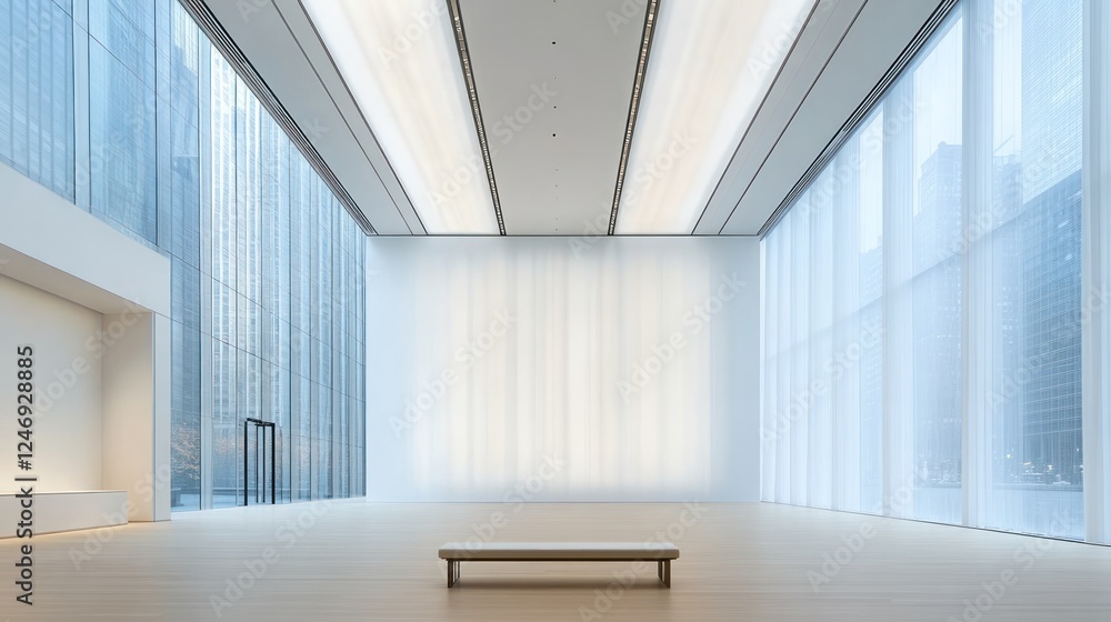 Fototapeta premium Serene Minimalist Gallery Interior with City Views