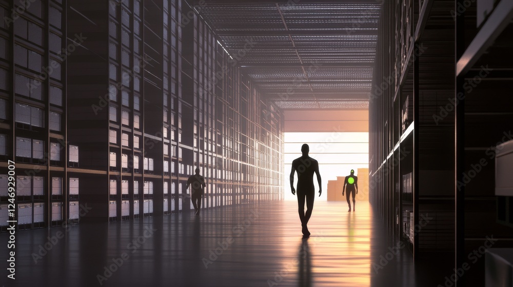 Fototapeta premium Silhouettes in a modern warehouse atmosphere.