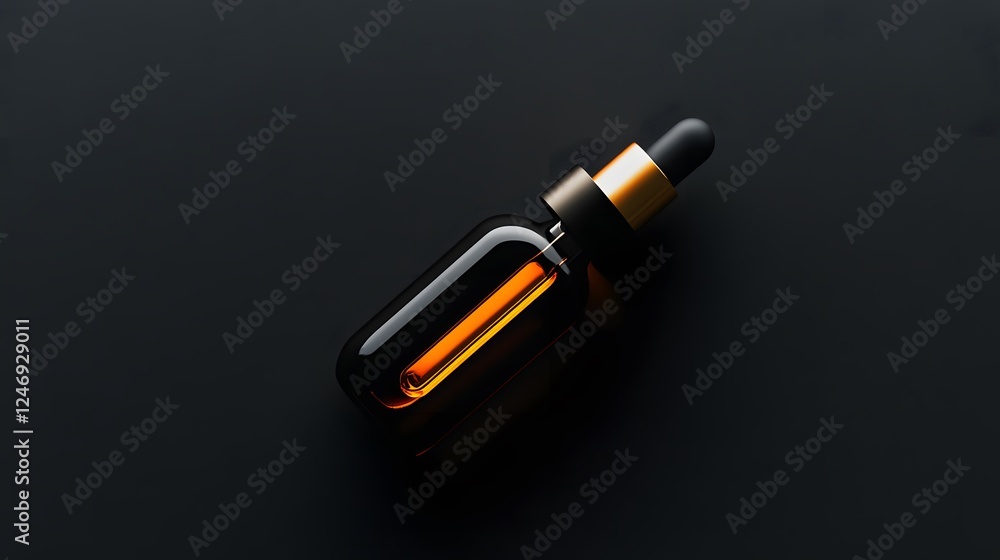 A luxury hair oil bottle with an elegant golden dropper, resting on a glossy black acrylic surface. A luxury hair oil bottle with an elegant golden dropper, resting on a glossy black acrylic surface.