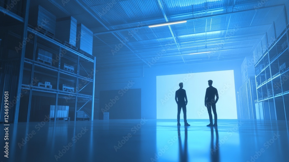 Silhouettes in a modern warehouse setting. Silhouettes in a modern warehouse setting.
