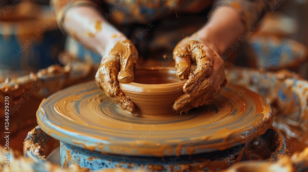 Close-up of hands shaping clay on a pottery wheel, demonstrating the intricate art of pottery making. Close-up of hands shaping clay on a pottery wheel, demonstrating the intricate art of pottery making.