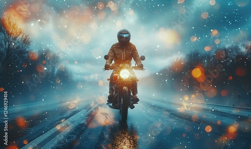 A motorcyclist rides on the road in rainy weather.