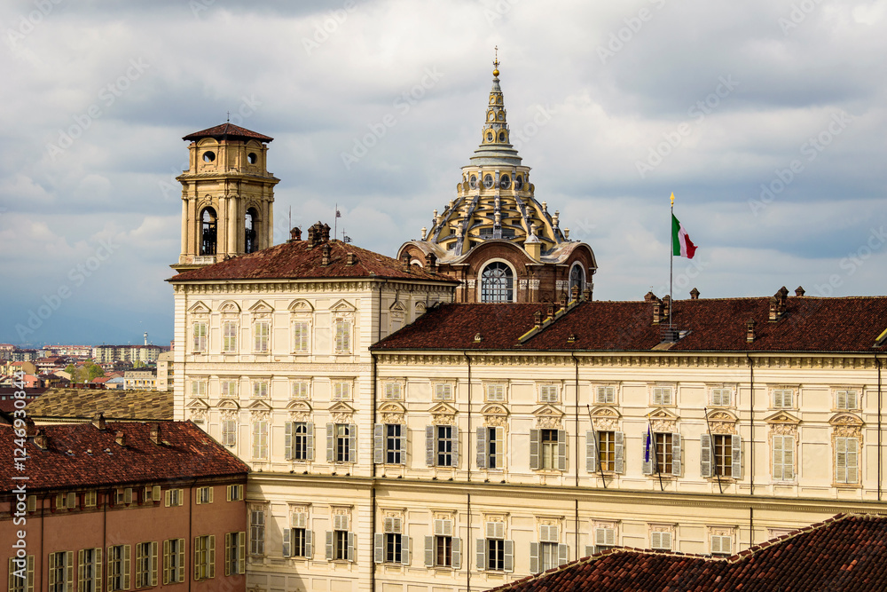 Fototapeta premium Turin, Italy. A view of the Savoy Royal palace and the Guarini's holy shroud Chapel, from Palazzo Madama.