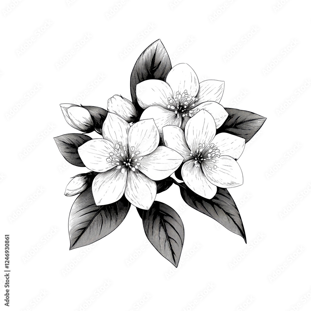 Obraz premium Monochrome Floral Illustration Delicate Blossoms in Black and White