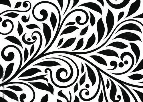 Seamless black and white floral pattern design features ornate vector flower elements and vintage leaf swirls for wallpaper decoration.