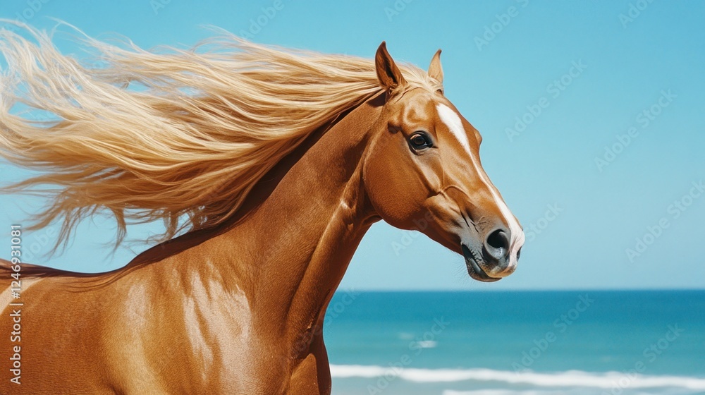 Fototapeta premium Majestic Chestnut Horse with Flowing Mane near the Ocean