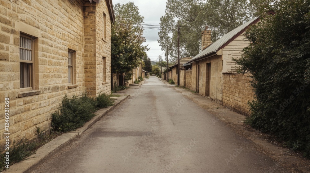 Quiet stone street, village alley, overcast day, rural scene, stock photo Quiet stone street, village alley, overcast day, rural scene, stock photo