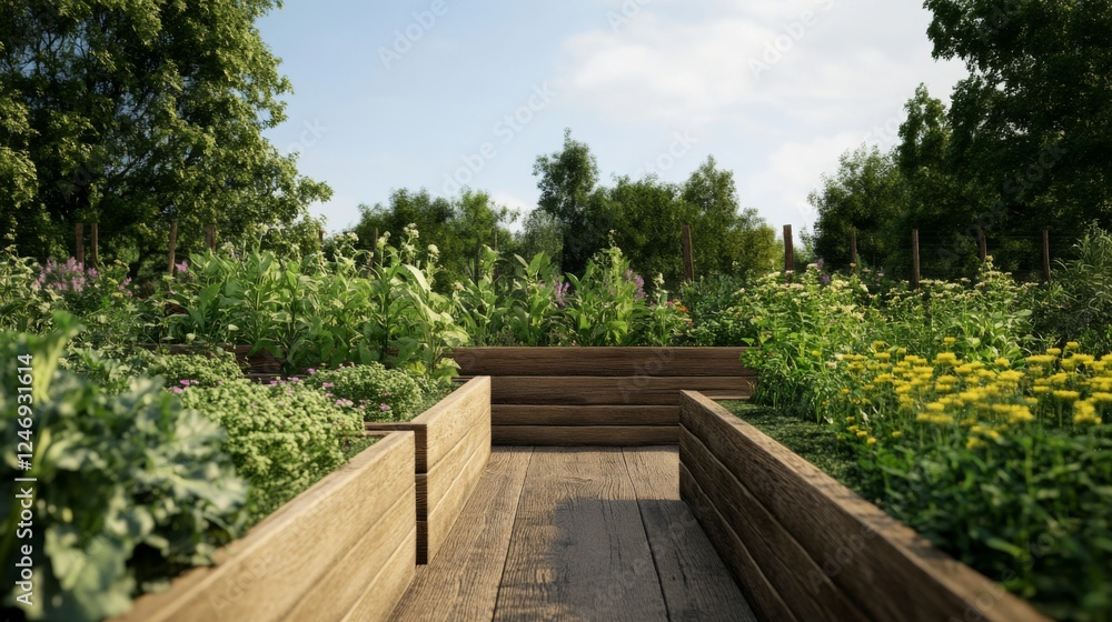 Raised garden beds, sunny day, lush plants, tranquil backyard Raised garden beds, sunny day, lush plants, tranquil backyard